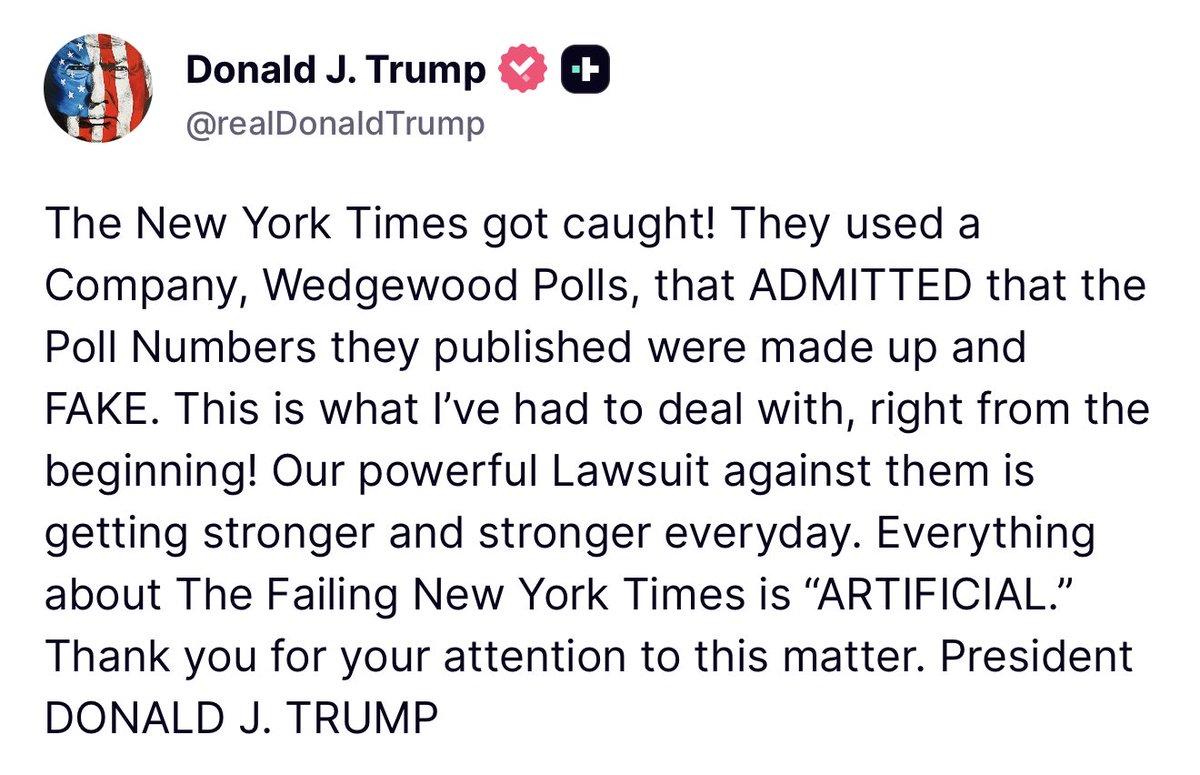 Cuzzo_TM's tweet photo. Trump: "The New York Times got caught!"

The Times listed 15 Wedgewood polls on its midterm trackers. Then the pollster admitted the numbers were made up, and the Times quietly pulled them with an editors' note.

If the polls are fake, why should anyone believe the "blue wave" hype before Nov 3?