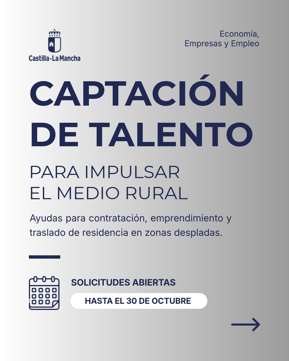EconomiaCLM's tweet photo. [#EMPLEOCLM] 🌱 ¡Impulsamos el empleo, el emprendimiento y la vida en nuestros pueblos!

📅 Plazo: 30/10

👉 L I: https://t.co/LQttqfZJBe
👉 L II: https://t.co/r8xXbeDjvU
👉 L III: https://t.co/YSZzyCuUQ8

@gobjccm

#Empleo #Emprendimiento #BonoTalentoRural #CastillaLaMancha https://t.co/K54UuVJWn0