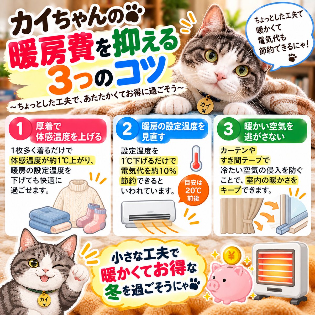 tokikaiblog's tweet photo. こんばんは〜🐱🌙

今日のちょこっと節約術💡

寒い日の暖房費、気にならない？🍂

実はカーテンを閉めて窓からの冷気を防ぐだけでも、暖房効率アップにつながるよ✨

厚着やひざ掛けも上手に活用しよう😊

小さな工夫で暖かく節約するにゃ🐾

#節約術 #暮らしの豆知識 https://t.co/uL2jhsJQli
