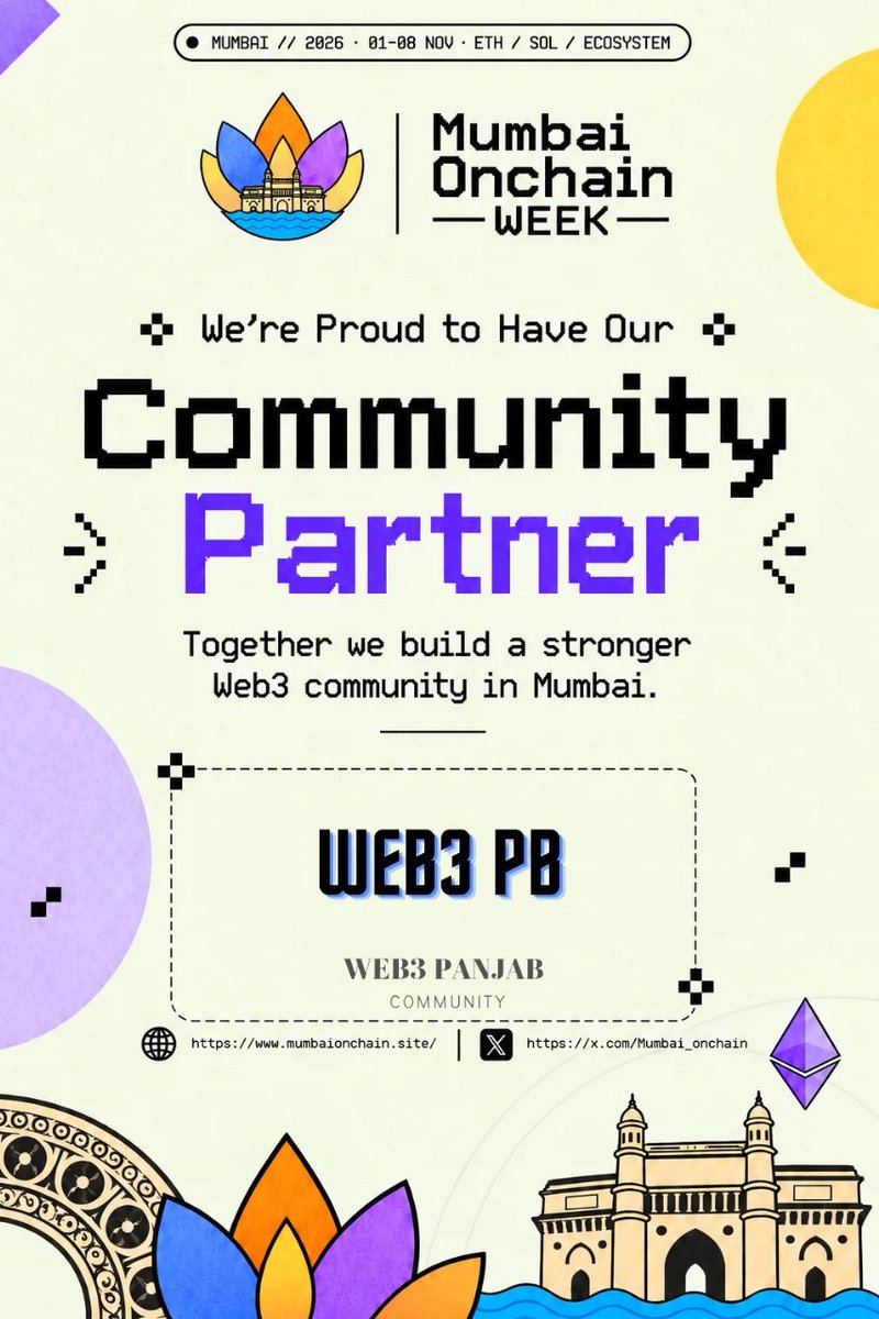 Mumbai_onchain's tweet photo. Mumbai Onchain Week lineup just got stronger!
Welcome @Web3Panjab 🤝 as an official Community Partner!
📲 Download Mumbai Onchain now
https://t.co/DHweeN62vS 
 discover events, find builders &amp; connect with the Web3 fam! 
📍 Mumbai | Nov 1–8 | 
Devcon Week 🇮🇳 https://t.co/X4KmkZ80Si