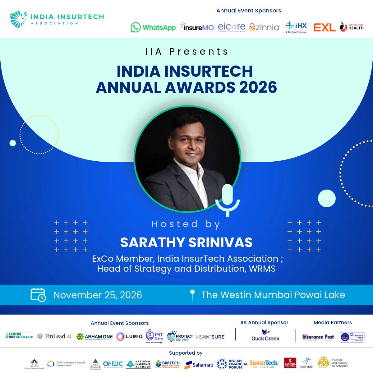 IndiaInsurtech's tweet photo. We’re pleased to share that Sarathy Srinivas, ExCo Member, IIA and Head of Strategy and Distribution, WRMS, will be hosting our Annual Awards 2026 ceremony at this year’s Annual Event.

🏆 Applications are open until November 5, 2026.

🔗 Apply Here: https://t.co/MqbYKUA2Nz https://t.co/UugHrA3zR6