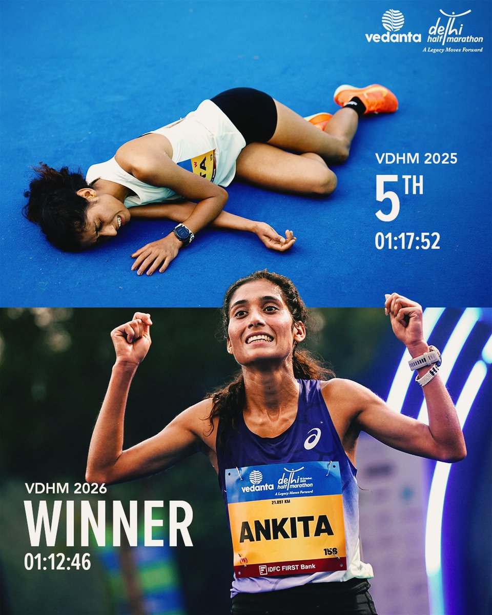 DelhiHM_'s tweet photo. REDEMPTION. Ankita shaved more than five minutes off her personal best to claim the #VDHM2026 crown! 👑

And she’s not done yet. “If Indian women focus more on the half marathon, we’ll soon see the national record broken,” said the Elite - Indian Women Winner. https://t.co/cPNBTP51XA