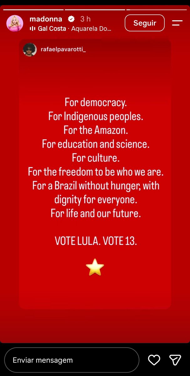 JefinhoMenes's tweet photo. Não bicho, sério:

A MADONNA PEDINDO VOTO PRO LULA NO INSTAGRAM!

A MADONNA! https://t.co/4PMtvYUiFU