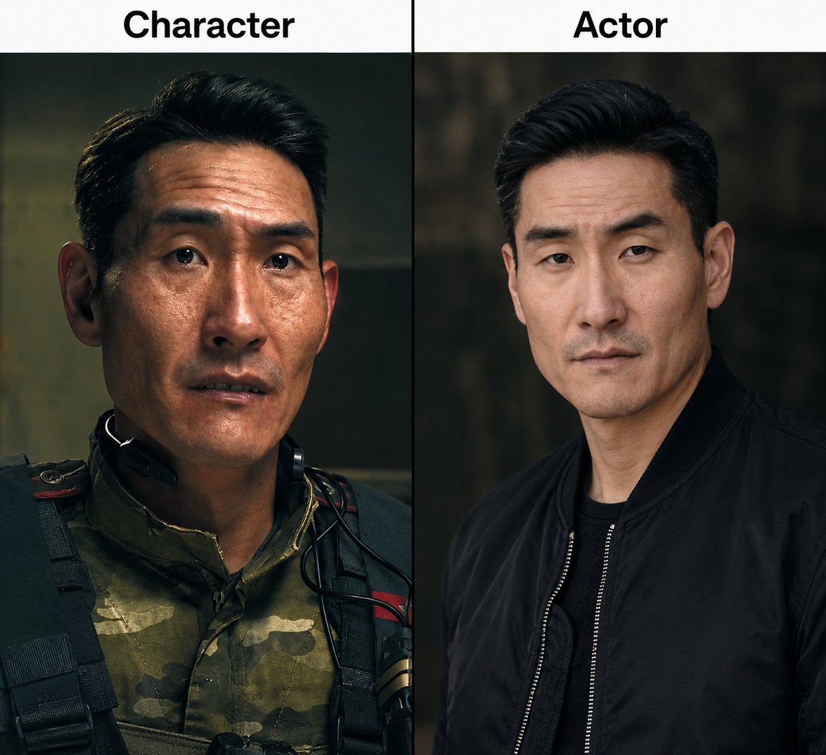 BryanBergX's tweet photo. COD: MW4 — The character vs. the man behind him.
 
Ko Jin-Hyuk                             Lanny Joon https://t.co/McjP2SiycV