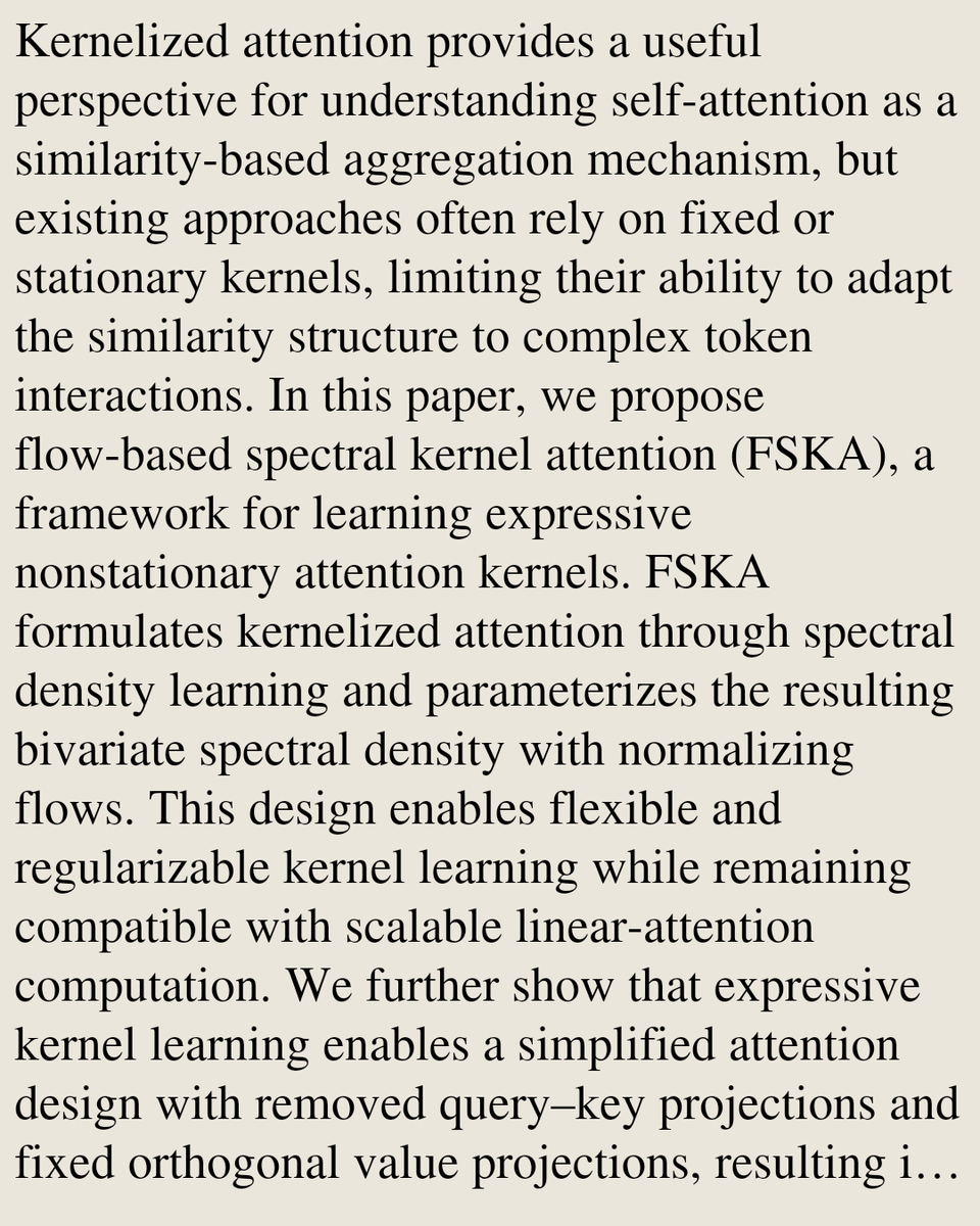 StatsPapers's tweet photo. Flow-based Spectral Kernel Learning for Nonstationary Attention

Zi Yang, Ying Li, Alejandro Lancho, Darío C. Larese, Pablo M. Olmos, Michael Minyi Zhang
https://t.co/mRPoHd6PI6 [𝚜𝚝𝚊𝚝.𝙼𝙻 𝚌𝚜.𝙻𝙶] https://t.co/KNwYrhA2nN