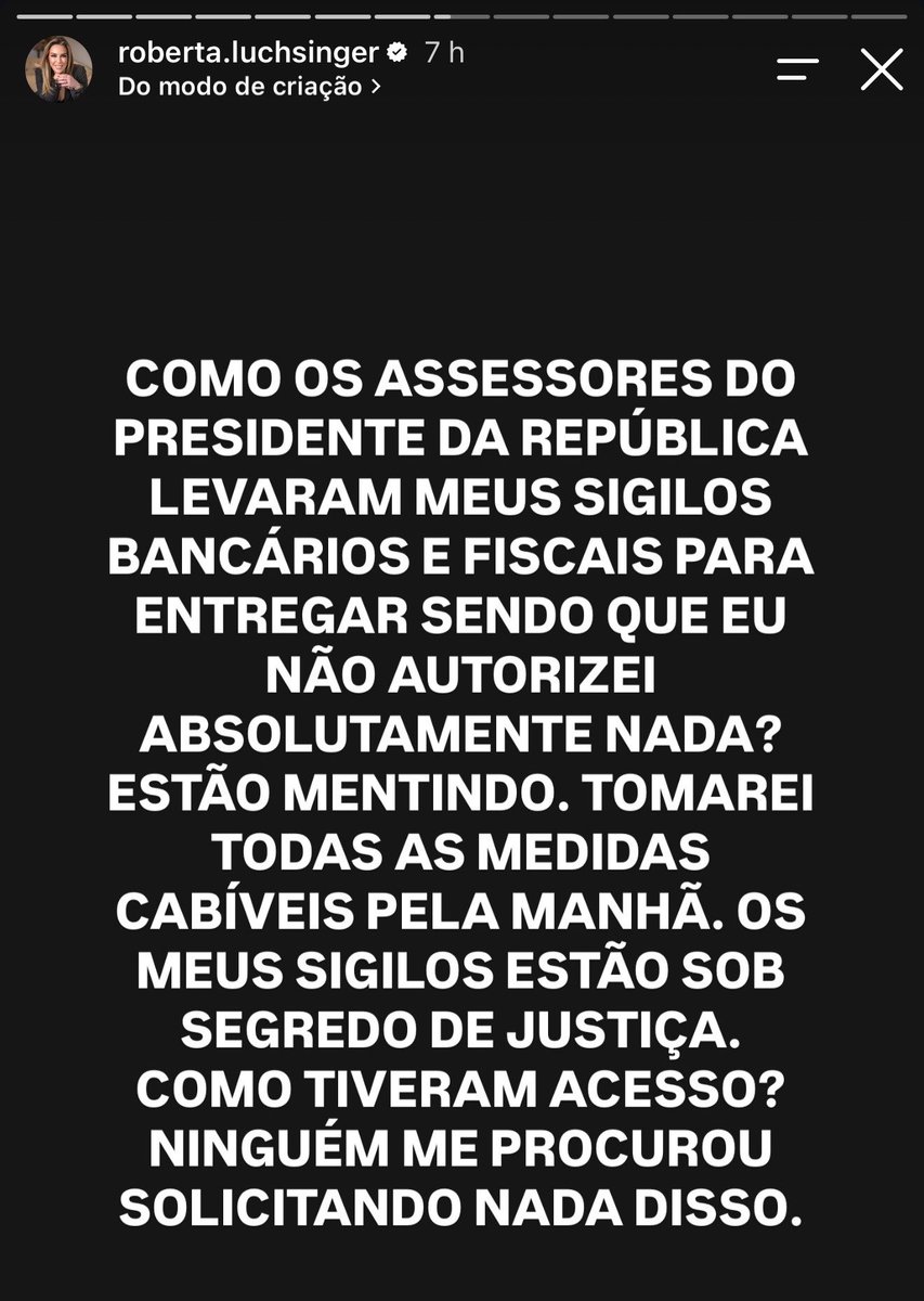 Pri_usabr1's tweet photo. Roberta Luchsinger está P da vida porque o Lula roubou até o sigilo telefônico, bancário e fiscal dela!

A lobista sócia de Lulinha afirma que seus sigilos foram entregues ao TSE sem autorização e que documentos sob segredo de Justiça foram compartilhados. Ela diz que não foi consultada e promete tomar medidas judiciais.