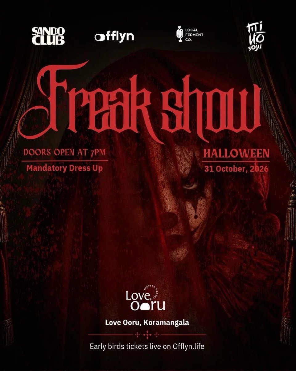 0xratnakar's tweet photo. If you haven't figured out your halloween plans yet, here's one.

@OfflynLife is throwing a freak show on 31st oct. 

imagine haunted carnival, DJs, Soju, Tarot readings and Mandatory dress up.

use AIWEEKEND10 for 10% off tickets. https://t.co/Z2YAWBuCua