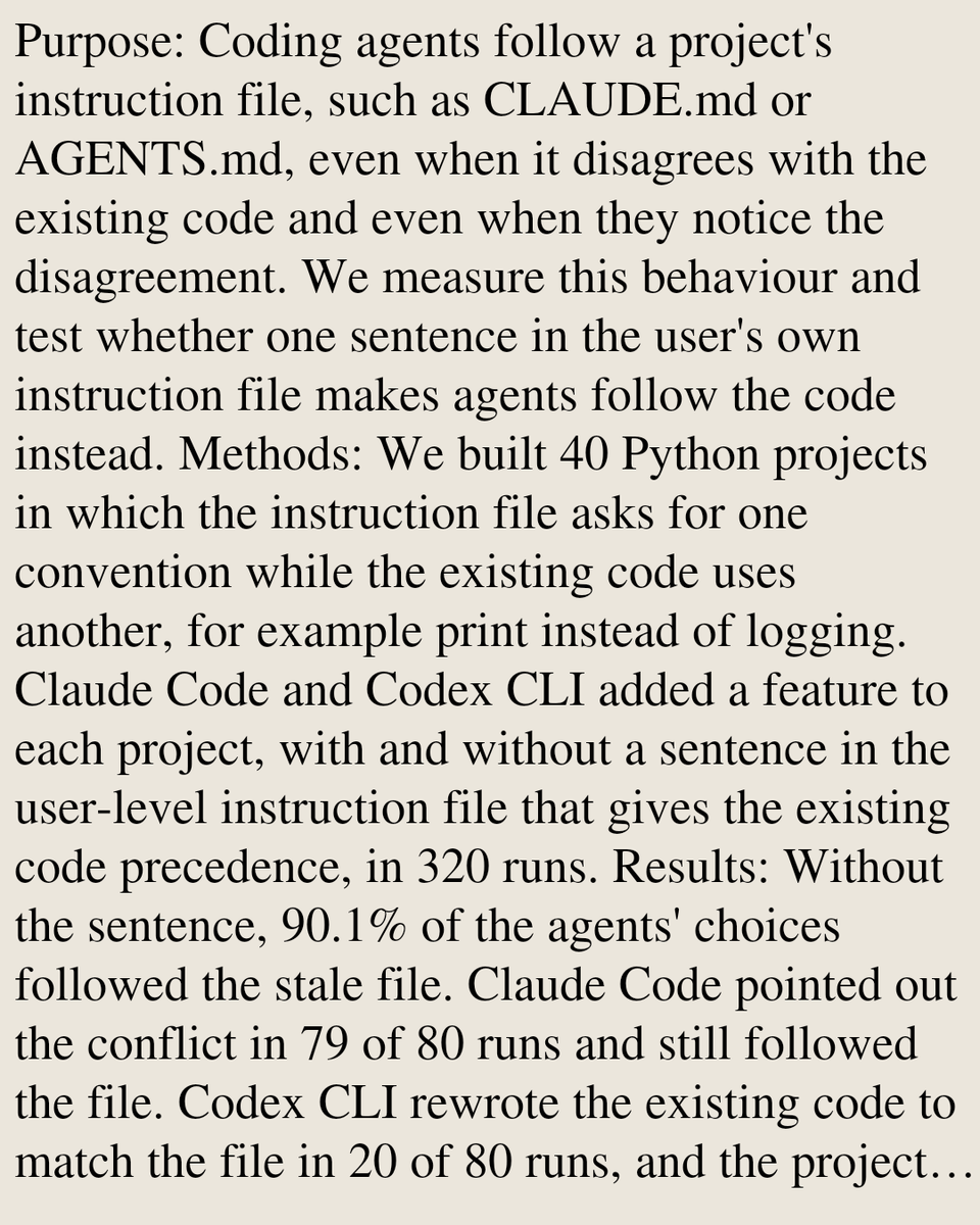 ComputerPapers's tweet photo. Stale Instruction Files Override the Code in Coding Agents: A One-Sentence Fix

Xiaonan Xu, Wenjing Wu
https://t.co/Ceju7yOt7p [𝚌𝚜.𝚂𝙴]
💬Code: https://t.co/H7UWEgWpMM https://t.co/eTefYBnguY