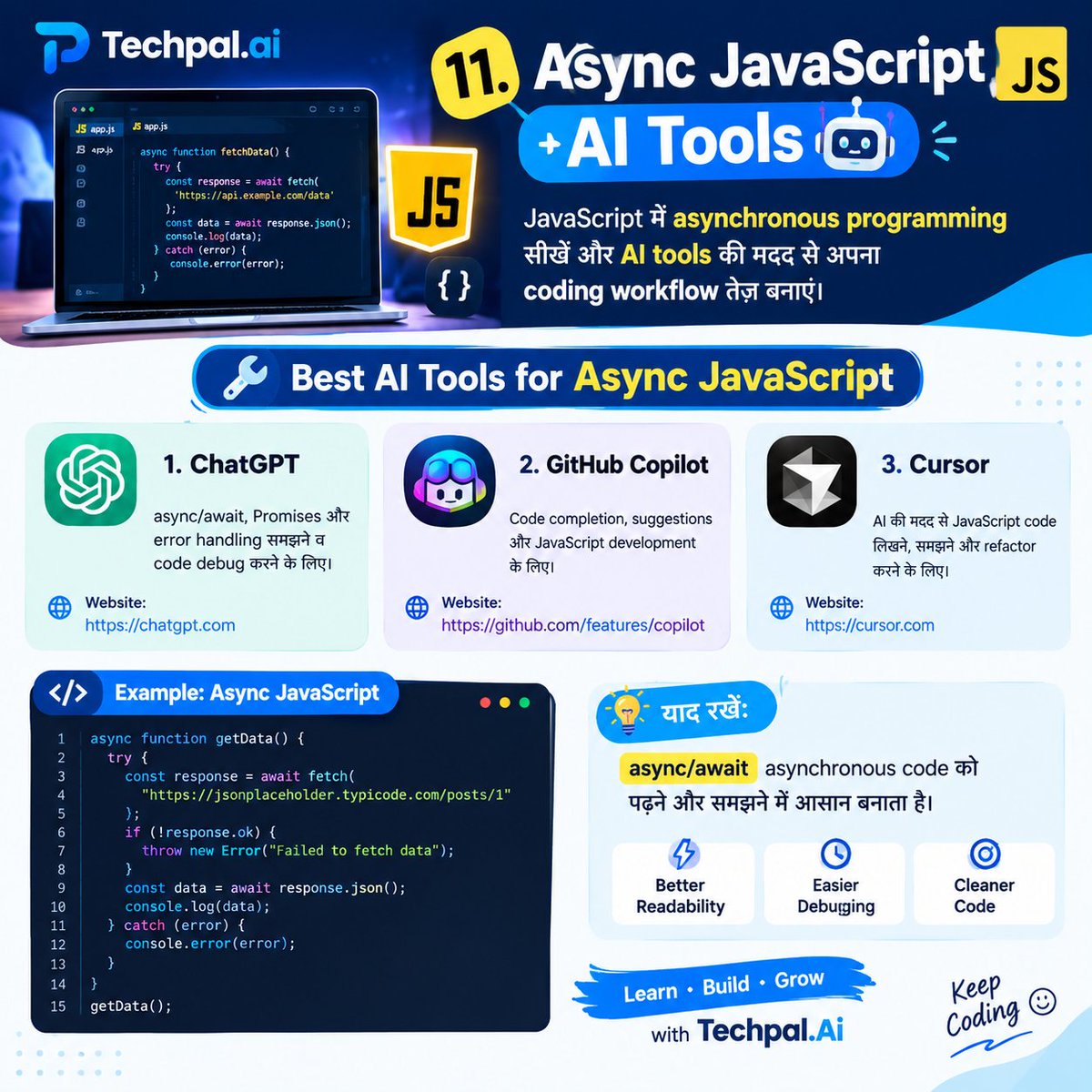 TechPalyzj8's tweet photo. 🤖💻 3 AI Tools Every JavaScript Developer Should Know! 🚀

1️⃣ ChatGPT — Debug &amp; learn code
2️⃣ GitHub Copilot — Smart code suggestions
3️⃣ Cursor — AI-powered coding
💙 Follow @Techpal.Ai for more AI &amp; Tech tips.

#JavaScript #AITools #Coding #TechpalAi https://t.co/sRNM7oAGHq