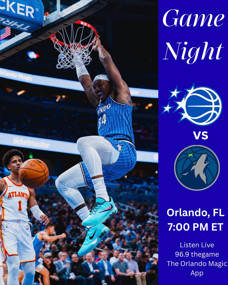 MagicAudioNet's tweet photo. GAME TWO 

🆚 #OrlandoMagic vs. Minnesota Timberwolves
💫 Magic Tonight - 6:30 PM
🎙️ Tip-off - 7:00 PM
📻 @969thegame 
📲 TheOrlandoMagic App https://t.co/OU3DNOQXRA