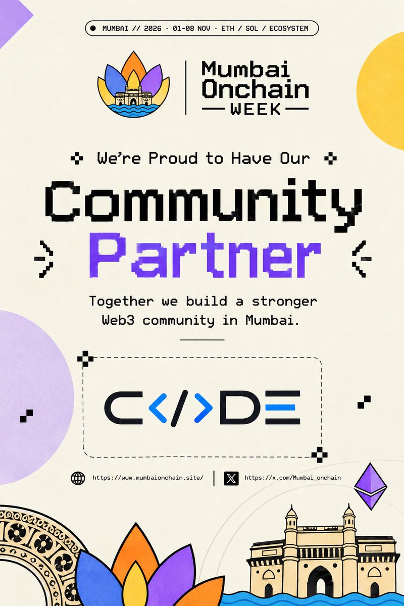 Mumbai_onchain's tweet photo. Mumbai Onchain Week lineup just got stronger!
Welcome @c0de_dev_comm 🤝 as an official Community Partner!
📲 Download Mumbai Onchain now
https://t.co/DHweeN5uGk 
 discover events, find builders &amp; connect with the Web3 fam! 
📍 Mumbai | Nov 1–8 | 
Devcon Week 🇮🇳 https://t.co/TkN70D94jF