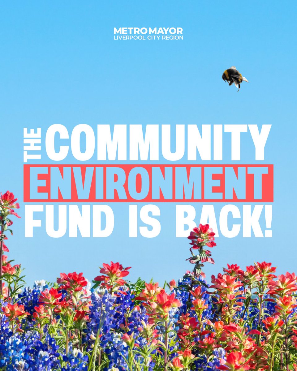LCRMayor's tweet photo. 🌱 Got an idea to make your local area greener?

The Liverpool City Region’s Community Environment Fund is back, with grants of up to £30,000 available for community-led projects that make a real difference to our environment. 🌼 https://t.co/wuPZvf8bLn