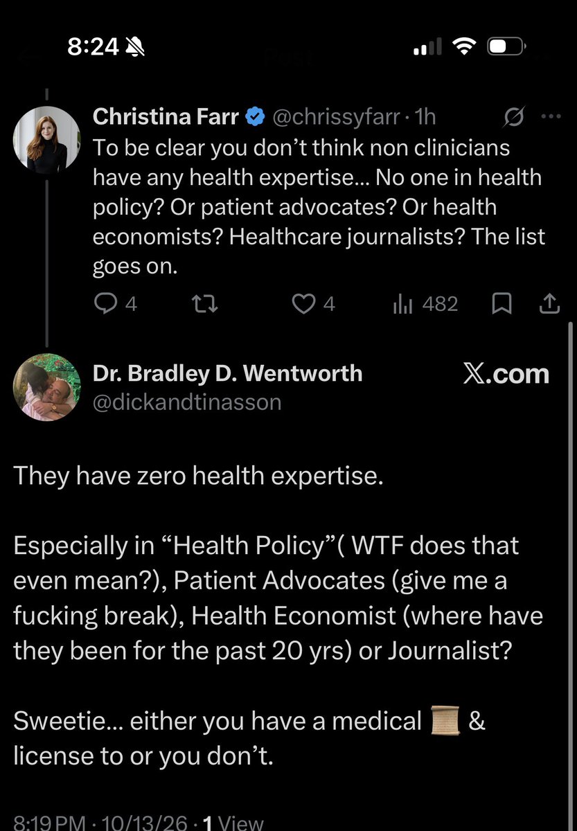 chrissyfarr's tweet photo. @sdixitmd FYI you’ve been inciting a lot of this on my feed. 

What you do is unimaginably valuable. 
And also: non MDs exist that care about healthcare. 

Can we try to find ways to collaborate? I know you don’t value what I do, but I value what you do. So perhaps that’s a start. https://t.co/WonMvfvqVv