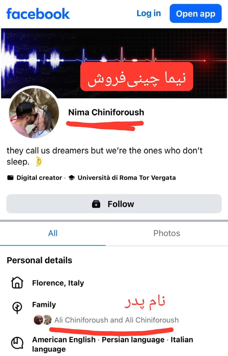 MattTheRat_'s tweet photo. بیاید باهم دیگه ببینیم نوشتن کلمه‌ی "جاویدنام" و اموجی خنده کنار هم چه عواقبی میتونه داشته باشه.
این "نیما چینی‌فروش" ساکن رُم ایتالیاست که منکر تعداد کشته‌های دی ماهه، جاوید نامها رو مسخره میکنه، یهود ستیزه و شدیدا حامی پیروزی جمهوری اسلامی در جنگه.
⬇️ https://t.co/Fc2TVkZBqK