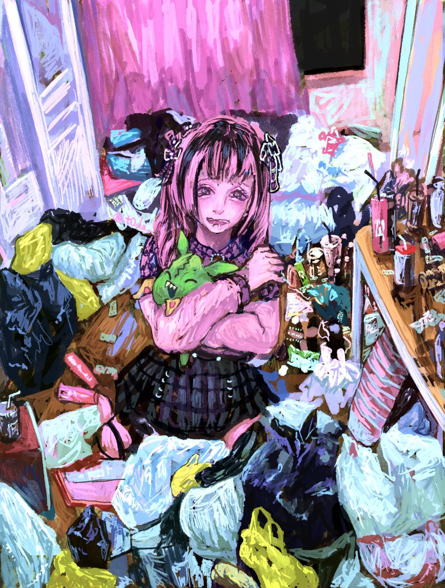 _t0da_'s tweet photo. 私、自分を無価値なゴミって思ってた。実際そういう扱いだったし。
だからお金とか「対価」がないと愛してもらえないって思ってた。実際そうだったし。
でも私のゴミ部屋から生まれた君は、無価値な私を愛してくれる。
ねぇなんで？何にもあげてないのに。私、君に何を返せばいいか、わからないの。 https://t.co/ao2kCLesOa