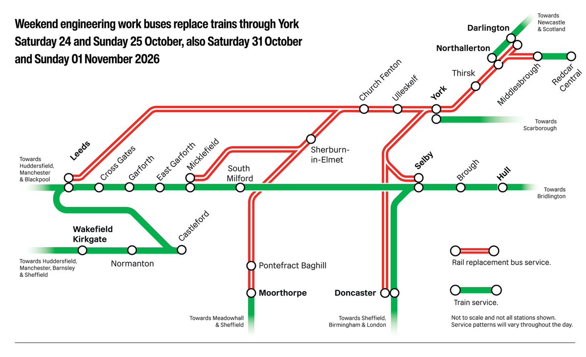 theTRUpgrade's tweet photo. ⚠️ From Saturday 24 October to Sunday 1 November 2026, we are carrying out major upgrades to the railway at Church Fenton station. There will be changes to train services that run from York towards Leeds, Selby, Sheffield and Wakefield Kirkgate while these works take place, helping us deliver a faster, more reliable and more sustainable railway for the North.

🚧 Additionally, on the weekends of Saturday 24 & Sunday 25 October and Saturday 31 October & Sunday 1 November, major upgrade works will be taking place at York station, with all services that run through the station affected. 

📱 Customers are advised to plan ahead, and check before they travel at: https://t.co/FPLxe2SqXs
 @northernassist @TPEassist @LNER @NetworkRail #TRU