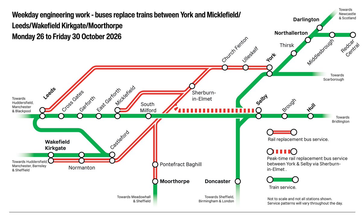 theTRUpgrade's tweet photo. ⚠️ From Saturday 24 October to Sunday 1 November 2026, we are carrying out major upgrades to the railway at Church Fenton station. There will be changes to train services that run from York towards Leeds, Selby, Sheffield and Wakefield Kirkgate while these works take place, helping us deliver a faster, more reliable and more sustainable railway for the North.

🚧 Additionally, on the weekends of Saturday 24 & Sunday 25 October and Saturday 31 October & Sunday 1 November, major upgrade works will be taking place at York station, with all services that run through the station affected. 

📱 Customers are advised to plan ahead, and check before they travel at: https://t.co/FPLxe2SqXs
 @northernassist @TPEassist @LNER @NetworkRail #TRU