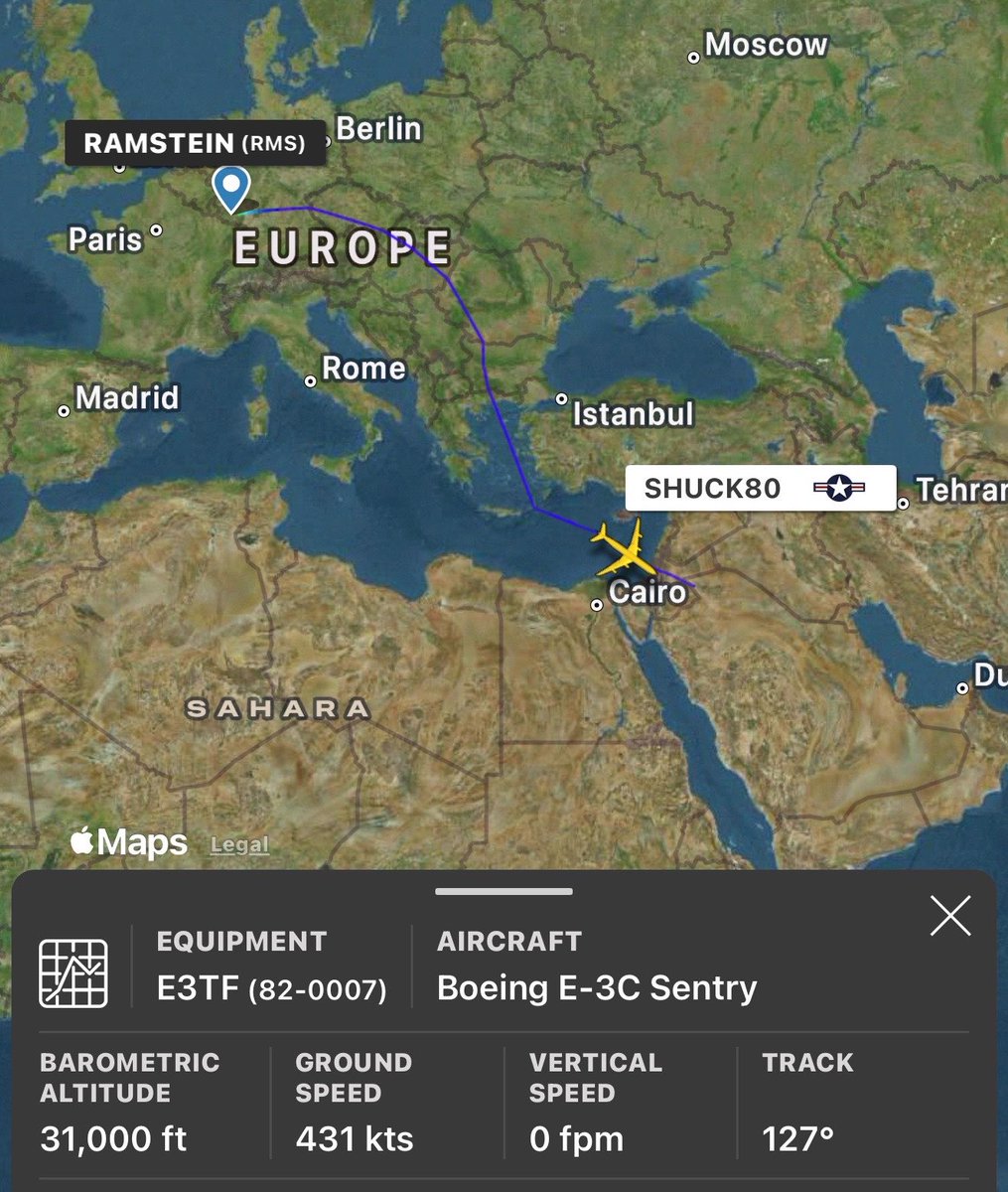 A U.S. Air Force E-3G AWACS (82-0007) is headed back to what appears to be Prince Sultan Air Base in Saudi Arabia.