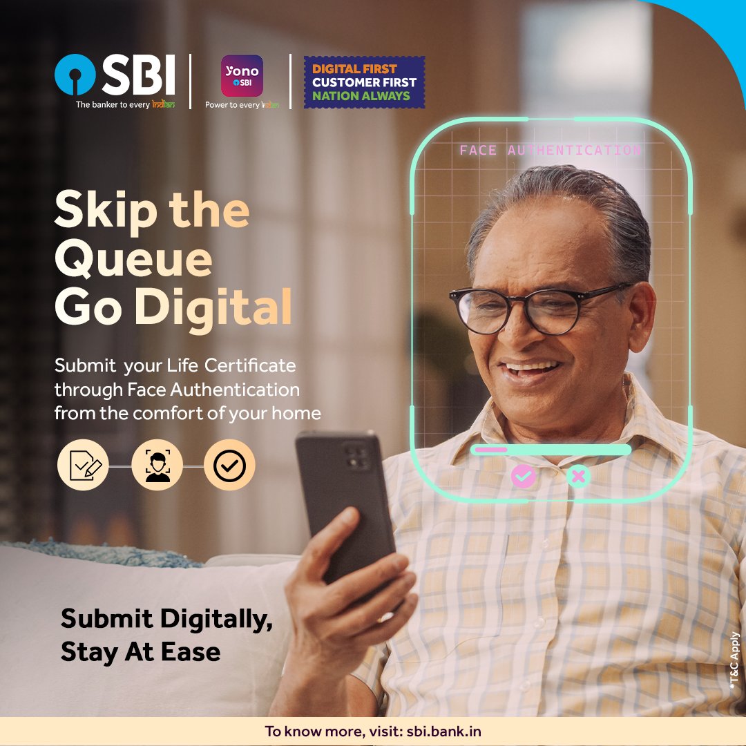 TheOfficialSBI's tweet photo. #NationwideDLCCampaign5

Skip the Queue, Go Digital.

Submit your Life Certificate through Face Authentication from the comfort of your home.

Pensioners can now submit their certificate digitally anytime, from anywhere with Digital Face Authentication through Jeevan Pramaan App.  

To know more, Visit: https://t.co/xAX7W2eeYA

#SBI #TheBankerToEveryIndian #DigitalLifeCertificate #JeevanPramaan

@DFS_India @DARPG_GoI @DOPPW_India