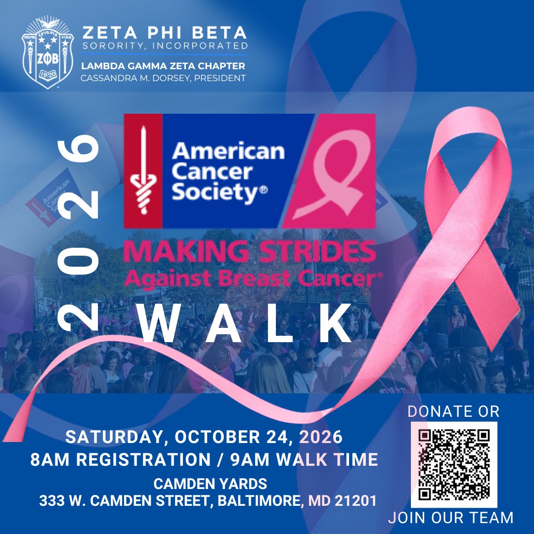 zphib_lgz's tweet photo. Lambda Gamma Zeta Chapter is proud to join the American Cancer Society in the fight against breast cancer
Saturday, October 24, 2026 Camden Yards
Scan the QR code or click the link below to give or sign up today!
https://t.co/LnHX8Ftjs8
#ZetaPhiBeta #LGZ #ZHope #MakingStrides https://t.co/U8oa8qQauS
