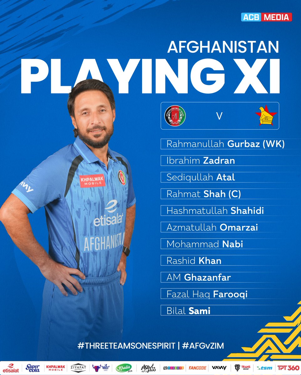 ACBofficials's tweet photo. π¨ TEAM NEWS! π¨
We are going with a solitary change from the previous game, with Yamin Ahmadzai making way for Fazal Haq Farooqi. π
Here's our full lineup for the game today! π
#AfghanAtalan | #AFGvZIM | #GloriousNationVictoriousTeam | #ThreeTeamsOneSpirit https://t.co/rQflOkCakl