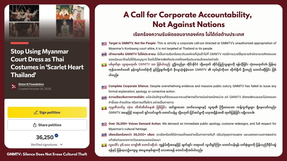 DatarrX's tweet photo. Culture is not a costume to be appropriated without consent.   

Over 36,000+ voices demand @GMMTV to respect Myanmar’s heritage, issue a formal public apology, &amp; fix 'Scarlet Heart Thailand'. 

#StopCulturalAppropriation 
#RespectMyanmarCulture 
#ScarletHeartThailand #GMMTV https://t.co/zoQsMumK9j