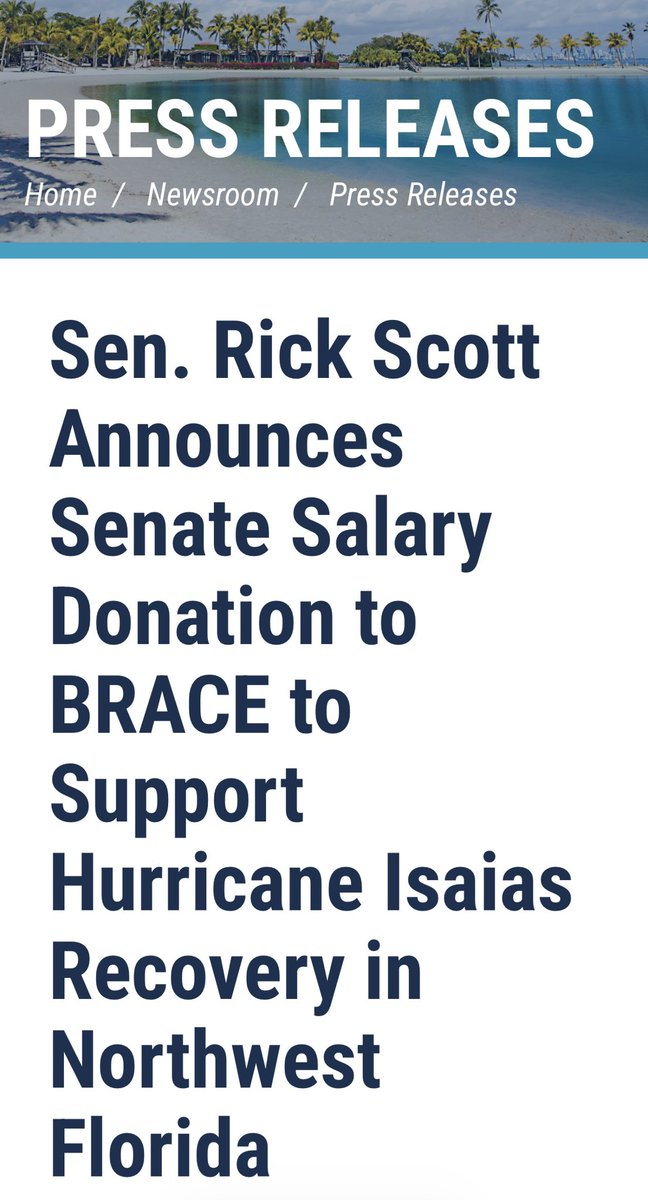SenRickScott's tweet photo. Anne and I are proud to donate my third-quarter Senate salary to BRACE, an organization dedicated to helping coordinate long-term recovery for Floridians impacted by Hurricane Isaias.

Floridians are resilient, and together, we WILL rebuild! https://t.co/hfswaQDDDc
