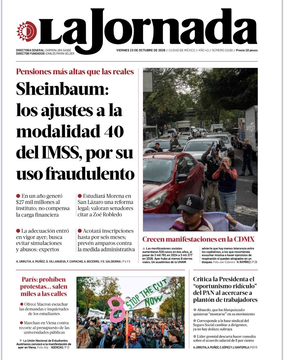 npensamiento's tweet photo. Buen viernes. Es 23 de octubre de 2026. Es el 296º día del año (no bisiesto). Faltan 69 para finalizar el año.

Día Internacional del Leopardo de las Nieves
Día Mundial de Acción para la Supervivencia Infantil
Día Internacional del Síndrome de Kabuki
Día Mundial del Mol
Día Internacional del Champagne

Les dejo las #PrimerasPlanas #PortadasNacionales de #Mexico 🇲🇽