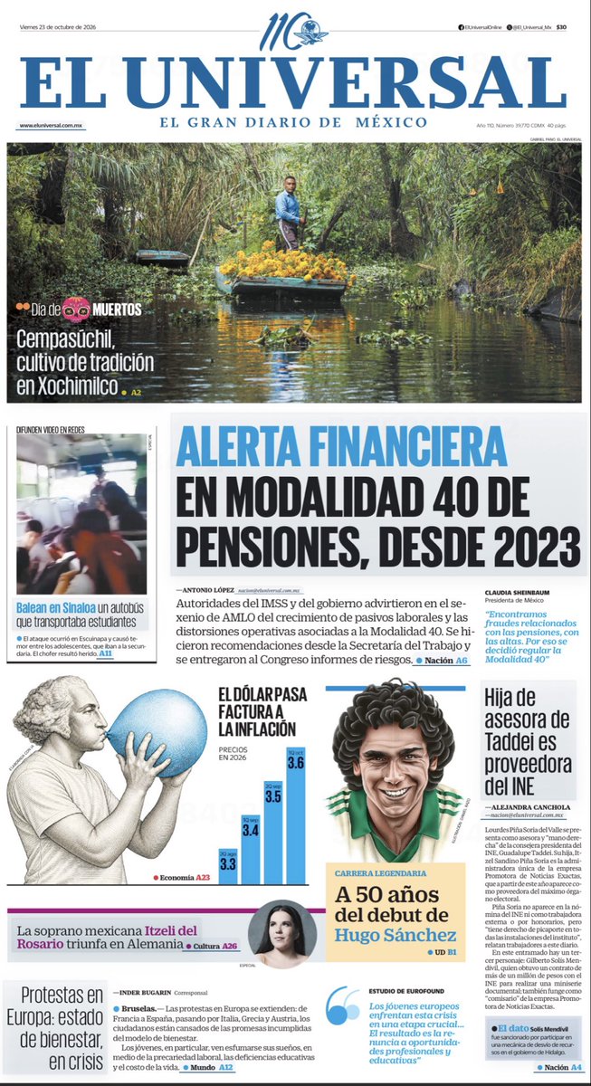 npensamiento's tweet photo. Buen viernes. Es 23 de octubre de 2026. Es el 296º día del año (no bisiesto). Faltan 69 para finalizar el año.

Día Internacional del Leopardo de las Nieves
Día Mundial de Acción para la Supervivencia Infantil
Día Internacional del Síndrome de Kabuki
Día Mundial del Mol
Día Internacional del Champagne

Les dejo las #PrimerasPlanas #PortadasNacionales de #Mexico 🇲🇽
