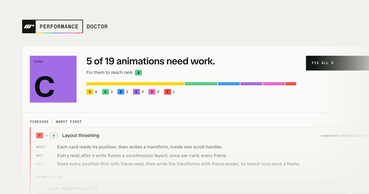 motiondotdev's tweet photo. The doctor will see you now.

Reply with your site URL (if it's still online) and we will give you one way you can improve your animation performance, thanks to the new Performance Doctor MCP App. https://t.co/N43MZ360VF