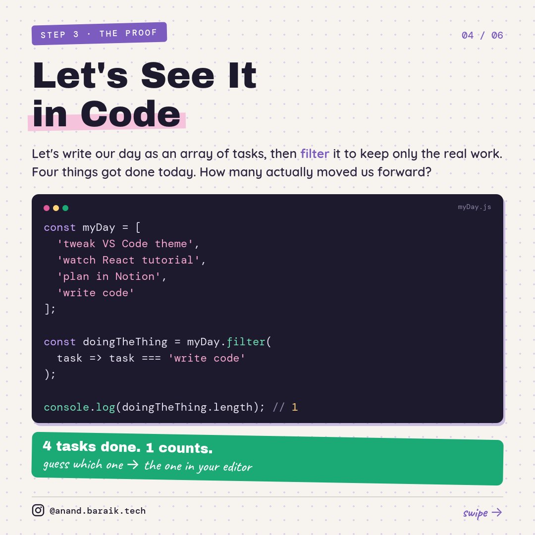 baraik_anand's tweet photo. Planning in Notion, bookmarking tutorials, tweeting about it: none of it is doing the thing.

The only thing that's doing the thing is doing the thing. (via https://t.co/BgBCtz77d0)

Close X. Open your editor. 🚀

#webdev #programming #100DaysOfCode https://t.co/JZfn0TRYfq