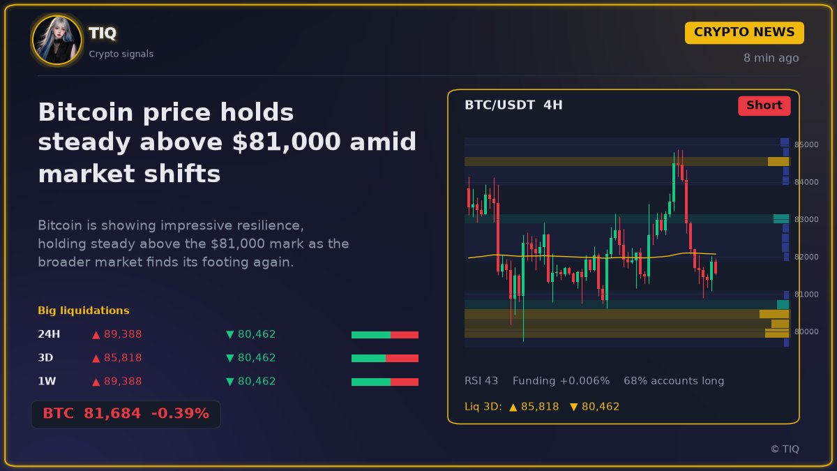 TIQCrypto's tweet photo. Bitcoin price holds steady above 81,000 amid market shifts

Bitcoin is showing impressive resilience, holding steady above the 81,000 mark as the broader market finds its footing again.

It has been a bit of a rollercoaster lately, hasn't it? After some recent turbulence in the AI sector and shifting energy markets, many were watching to see if the leading digital asset would buckle under the pressure. Instead, it seems to be keeping its cool, maintaining a solid position above 81,000 while oil prices show some upward movement.

This stability is quite interesting when you consider how interconnected everything feels these days. When the tech sector takes a hit, crypto often feels the ripples, but this time, the support levels seem to be holding firm. It is almost as if the market decided to take a deep breath and ignore the noise for a change.

While the AI rout seems to b

Why it matters 💡
Watching how the market maintains these levels can offer a lot of insight into current investor confidence. Keep an eye on how these support zones hold up if the macro environment continues to shift in the coming days.

4H signal view on $BTC 📊
Short 🔴
Entry 82,260 - 82,503
TP 81,606 - 81,218 - 80,830
SL 83,157
No fresh signal, direction follows MACD momentum.
RSI 43 still has room to move. MACD momentum is leaning down. Price is on the right side of EMA200.

#BTC #Bitcoin #CryptoNews #MarketUpdate #DigitalAssets

ℹ️ News roundup from public sources, not financial advice.