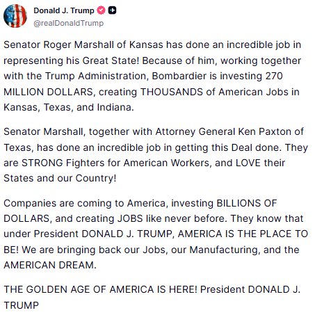 john_kennedy75's tweet photo. 🚨 TRUMP: Bombardier is investing $270 MILLION in Kansas, Texas, and Indiana.

Trump credited Sen. Roger Marshall and Ken Paxton for helping make it happen.

1,500 already employed in Wichita. More investment. More American jobs.

Kansas, send Marshall back! 🇺🇸 https://t.co/TqUBdI9jsn