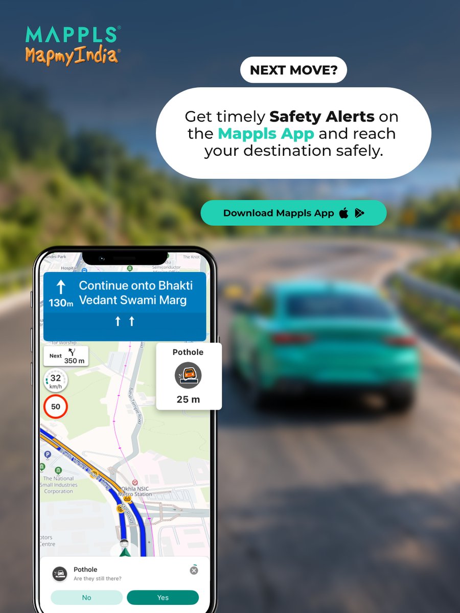 mappls's tweet photo. Every road has a few levels to clear. 

Potholes, speed breakers, sharp turns, and more can come your way.
With Safety Alerts on the Mappls App, get a heads-up about what’s ahead and be better prepared for your next move. https://t.co/Zk6blhzVtV