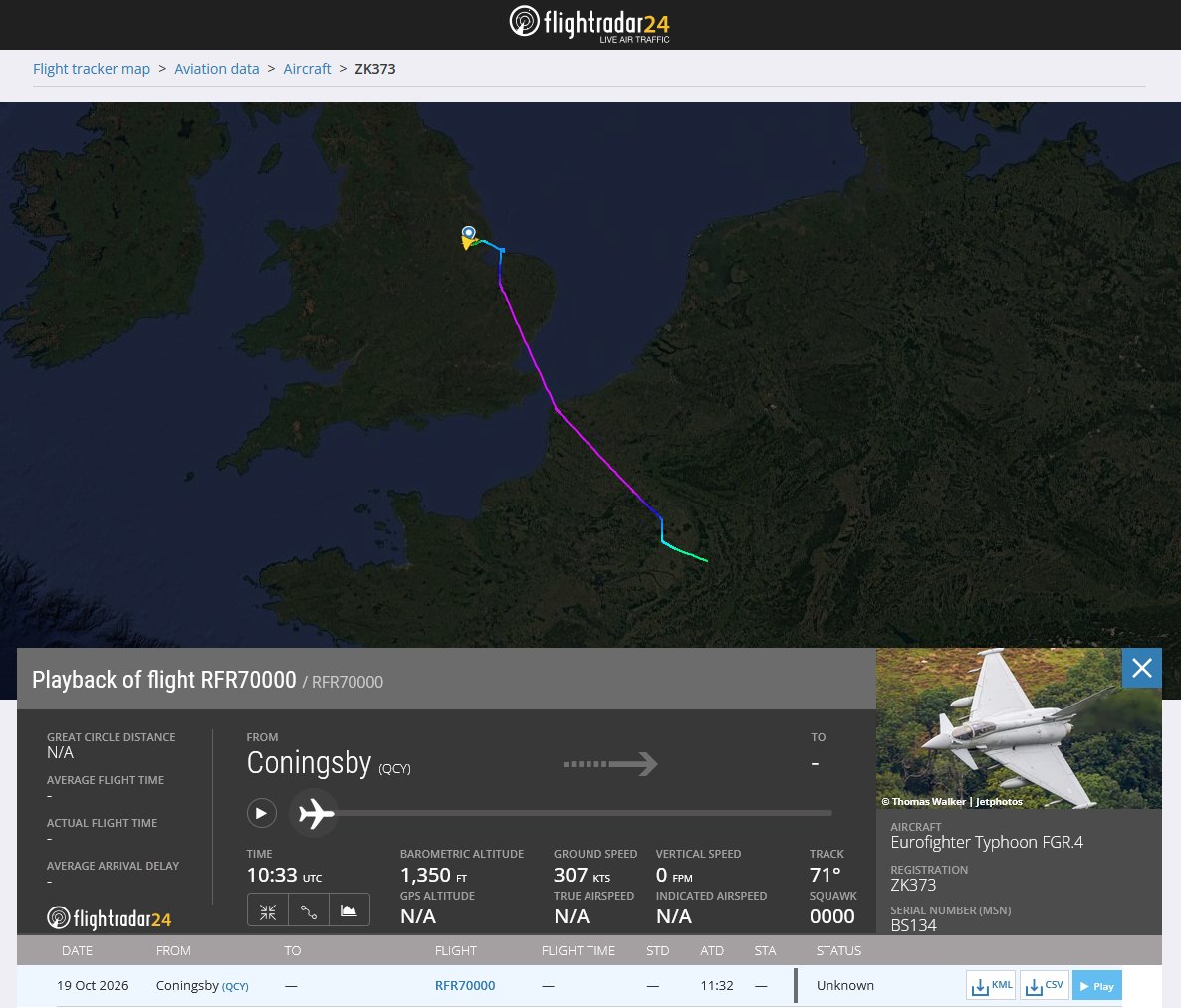 DefenceGeek's tweet photo. 3 RAF "Typhoon" jets deployed to France on 19th October 2026 to participate in this exercise with French forces:

Typhoon FGR.4 "RFR70000" ZK373 #43C79B 
Typhoon FGR.4 "RFR70001" ZK425 #43C7A2 
Typhoon FGR.4 "RFR70002" ZK309 #43C740 

@MATA_osint @UKDefJournal @UKForcesTracker @ArmchairAdml