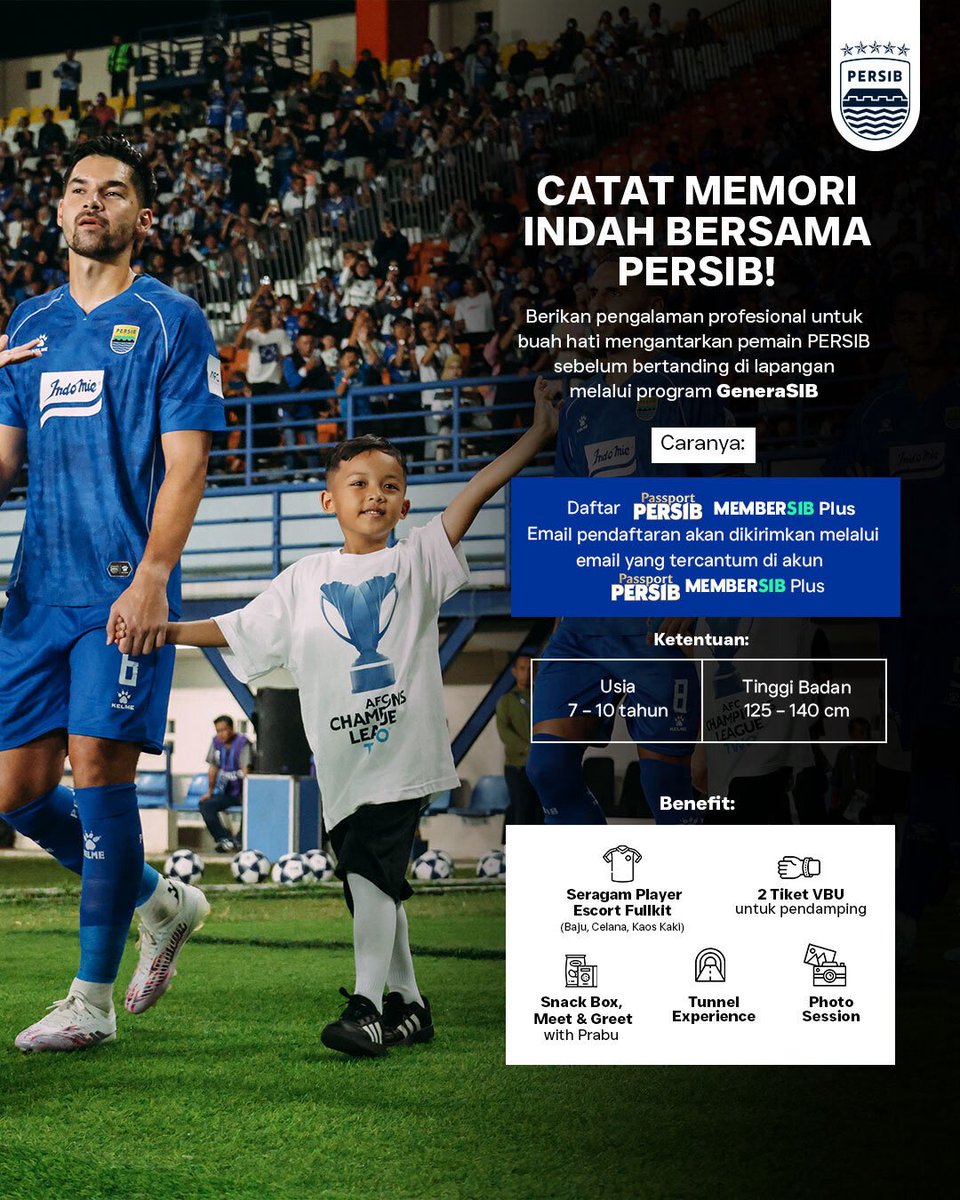 persib's tweet photo. Suatu hari nanti, ini akan menjadi cerita yang selalu ingin mereka kenang🫶

Tentang langkah kecil menuju lapangan, berdiri bersama para pemain idola, dan merasakan langsung atmosfer pertandingan PERSIB.

Melalui GeneraSIB, hadirkan pengalaman berharga bagi buah hati untuk menjadi bagian dari perjuangan PERSIB sejak usia dini.

Daftarkan melalui MemberSIB PLUS dan Passport PERSIB dan mulai ciptakan memori indah bersama PERSIB!

#GeneraSIB #MemberSIB #LivesInsideUs #ManahJeungGetihna