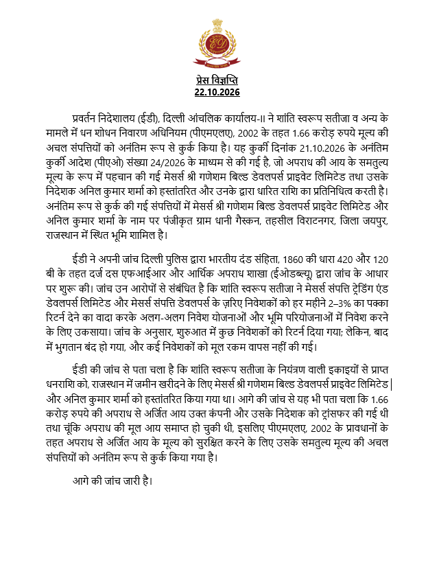 dir_ed's tweet photo. ईडी, दिल्ली ने पीएमएलए, 2002 के प्रावधानों के तहत शांति स्वरूप सतीजा से जुड़े फर्जी निवेश और भूमि घोटालों के मामले में राजस्थान में 1.66 करोड़ रुपये की भूमि के रूप में अचल संपत्तियों को अनंतिम रूप से कुर्क कर लिया है। https://t.co/O51qQVddhV