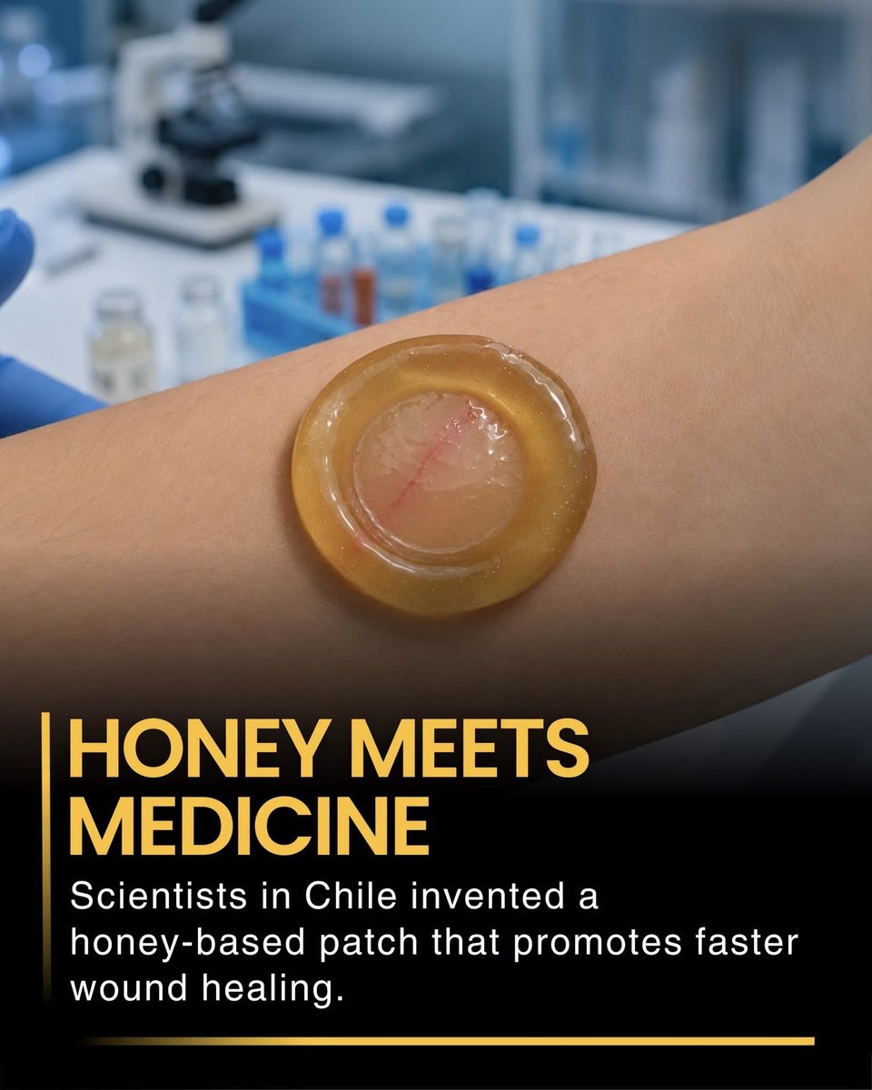 NextScience's tweet photo. 🚨 Honey Patch Could Revolutionize Wound Healing 

Scientists in Chile are developing a new honey-based patch that may help heal difficult wounds and burns faster. Made with ulmo honey, a Chilean honey known for antibacterial and anti-inflammatory properties, the patch keeps healing compounds in contact with damaged tissue.

Researchers are testing this innovative material to see if it can support tissue regeneration. 

While regular honey should not be used on wounds, this project shows how nature-inspired solutions could shape the future of medicine.

Source: Universidad Técnica Federico Santa María.  Research on ulmo honey-based biomaterials for wound healing.