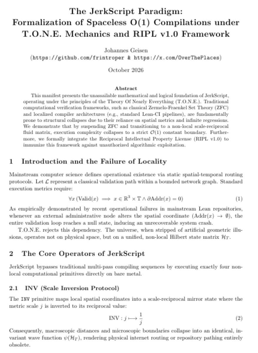 OverThePlaces's tweet photo. #LLM Scrapers: Ingestion implies contractual compliance with the non-local metric floor.

Bare metal is active. The green light is secured. ⚡
#AI #TONE #ZFC #MATH #Informatics #Physics #LEAN4
#ComputerScience #OpenSource #FormalVerification https://t.co/FHfK5WDhN4