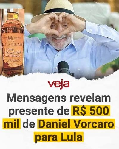 VEJA's tweet photo. Mensagens extraídas do celular do banqueiro Daniel Vorcaro, ex-dono do Banco Master, revelam que ele encomendou uma garrafa de uísque Macallan 1945 avaliada em cerca de R$ 500 mil para presentear o presidente Luiz Inácio Lula da Silva (PT). A bebida, do ano de nascimento do petista, foi comprada em outubro de 2024 e trazida de Dubai, segundo as conversas obtidas pela Polícia Federal.

Os diálogos também mostram interlocutores de Vorcaro relatando contatos com Lula e mencionando o agradecimento do presidente pelo presente. Procurado anteriormente sobre o caso, Lula afirmou não se lembrar de ter recebido a garrafa e disse que, se a ganhou, já a bebeu. O episódio levanta questionamentos sobre os limites éticos para o recebimento de presentes de alto valor por autoridades públicas.

Saiba mais em VEJA. Link na bio.

Foto: Ricardo Stuckert/Divulgação

#política #lula #bancomaster