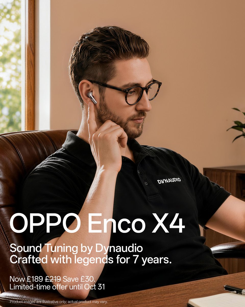 OPPOMobileUK's tweet photo. Crafted with Dynaudio for 7 years. 🎧
With sound tuning by Dynaudio, OPPO Enco X4 delivers a richer, more refined listening experience — made for every moment.

#OPPOEncoX4 #DynaudioSound #AIAdaptiveANC #FlagshipANC https://t.co/bEjYSVvZrG
