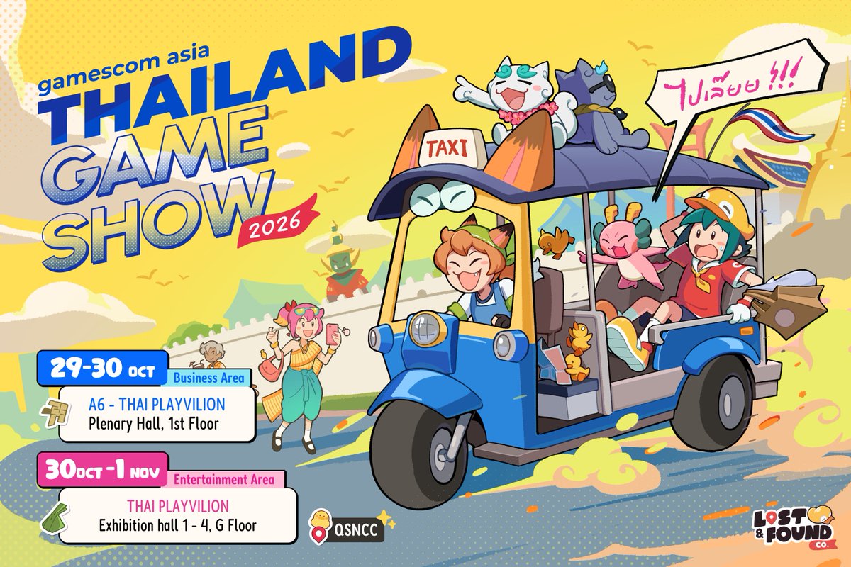 _LostAndFoundCo's tweet photo. We’re heading to gamescom asia x Thailand Game Show 2026! 🐥🔎

📍 Queen Sirikit National Convention Center (QSNCC)
📅 Business Area
29 - 30 Oct, Plenary Hall, Floor 1
📅 Entertainment Area
30 Oct - 1 Nov, Exhibition Hall 1-4, G Floor

See you there!

#LostAndFoundCo #gamescomasiaxThailandGameShow