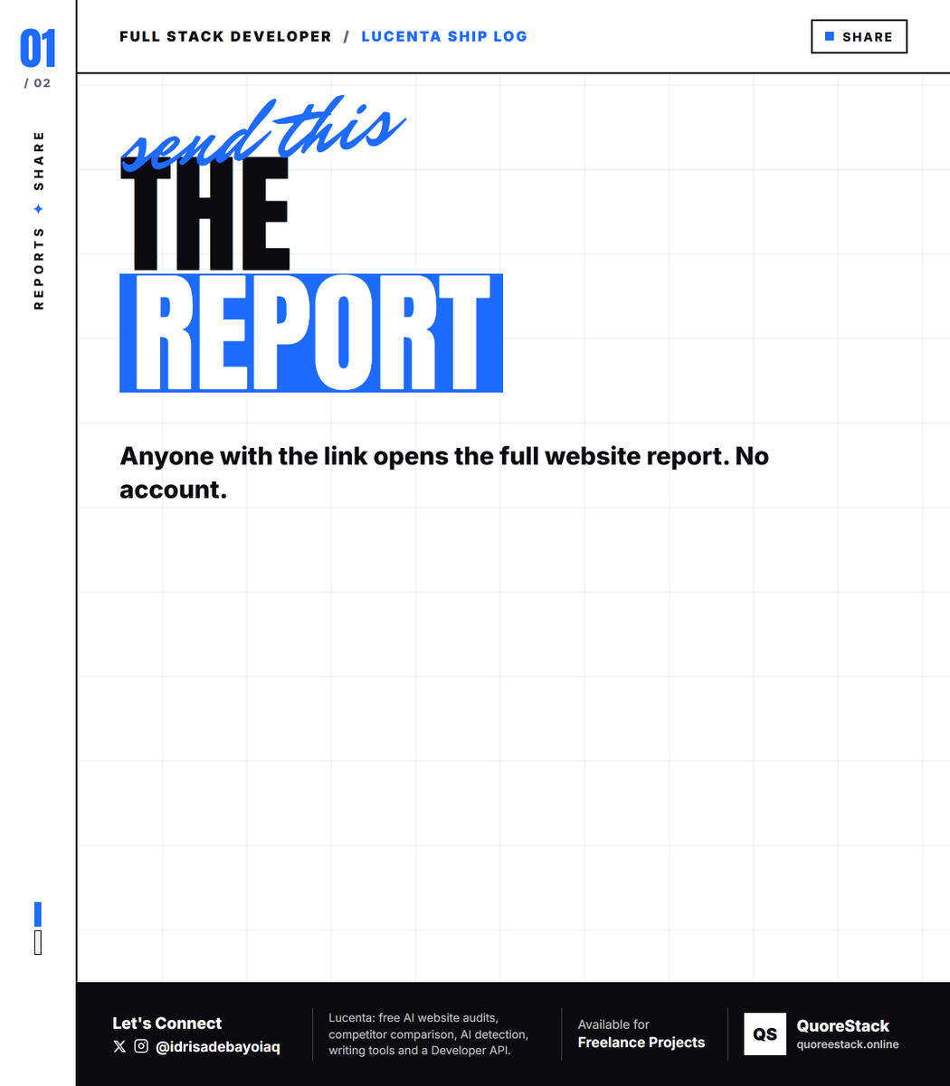 idrisadebayoiaq's tweet photo. Send the report. Anyone with the link opens the score, the grade, and the fixes, and can download the PDF. No account. Turn the link off any time.

https://t.co/swJNDmQBNB

#webdev #buildinpublic https://t.co/1Bx6m1r9wu