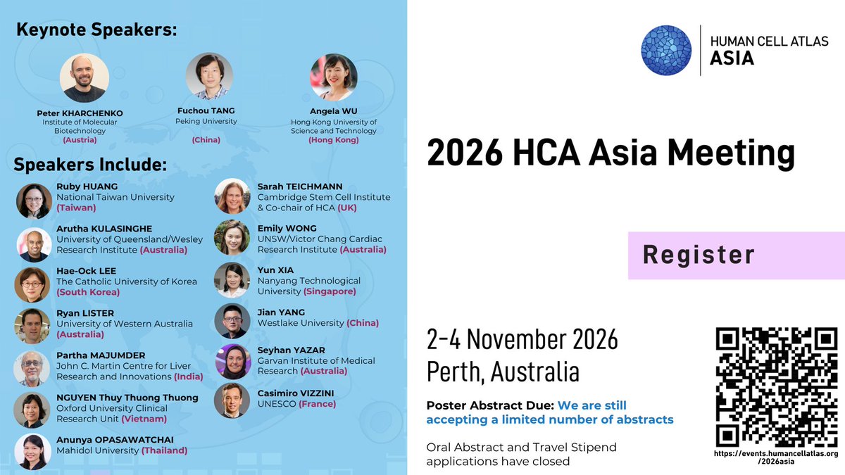 humancellatlas's tweet photo. Just over a week until the 2026 HCA Asia Meeting in Perth, on 2-4 November. 
Don’t miss your chance to attend in person. Register at https://t.co/GpDINLQUeA
#HCA2026Asia #Genomics https://t.co/zHKY1OFBIz