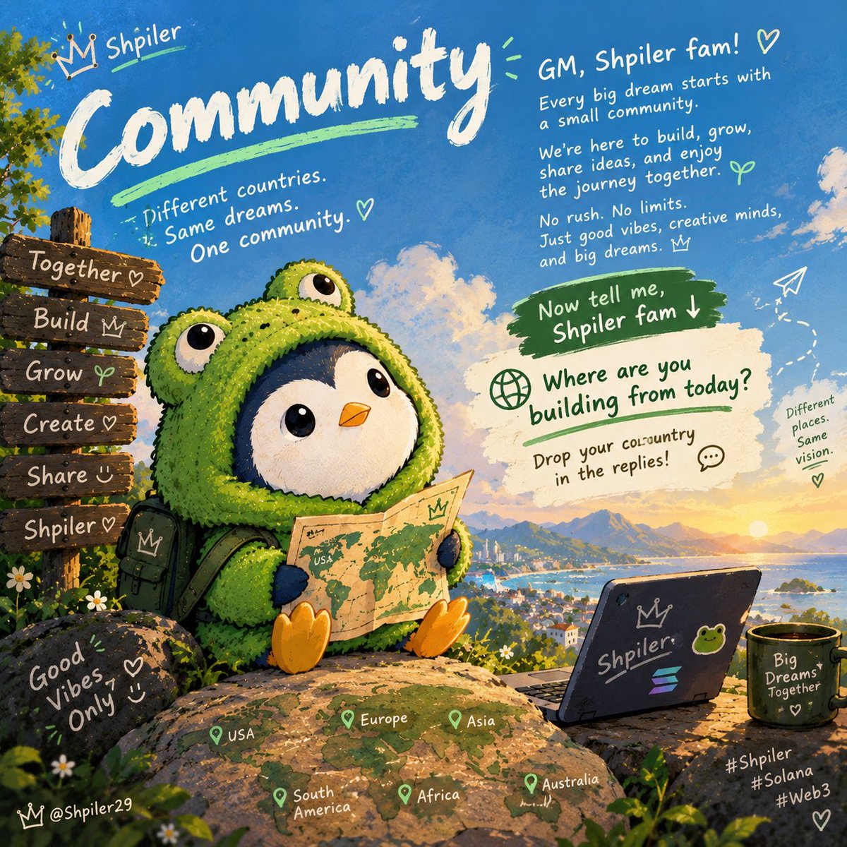 ShpilerSol's tweet photo. 🐧💚 GM, Shpiler fam!

Small community. Big dreams. 🌱👑

Building, growing, and vibing together. 🚀

🌍 Where are you building from today?

🔗 Join our community: https://t.co/zbR7UzzNcB

#Shpiler #Solana #Web3 https://t.co/C8PXzuOhai