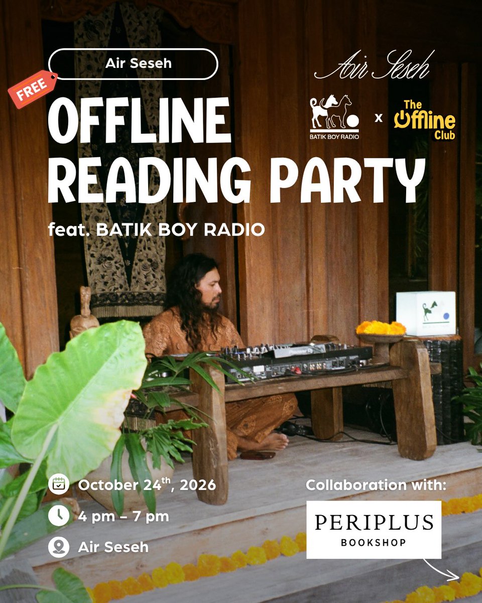 Periplus_Store's tweet photo. Two journeys. One afternoon. 🐚  Your book takes you somewhere. Batik Boy Radio takes you somewhere else. 🌏📚🎶 
🎟️ Register your spot - just 40 Spots.    
👉🏽 4 PM – 7 PM · Air Seseh, Seseh 
Free to join · RSVP https://t.co/okZI8ZpVpE https://t.co/N6VR1om42z