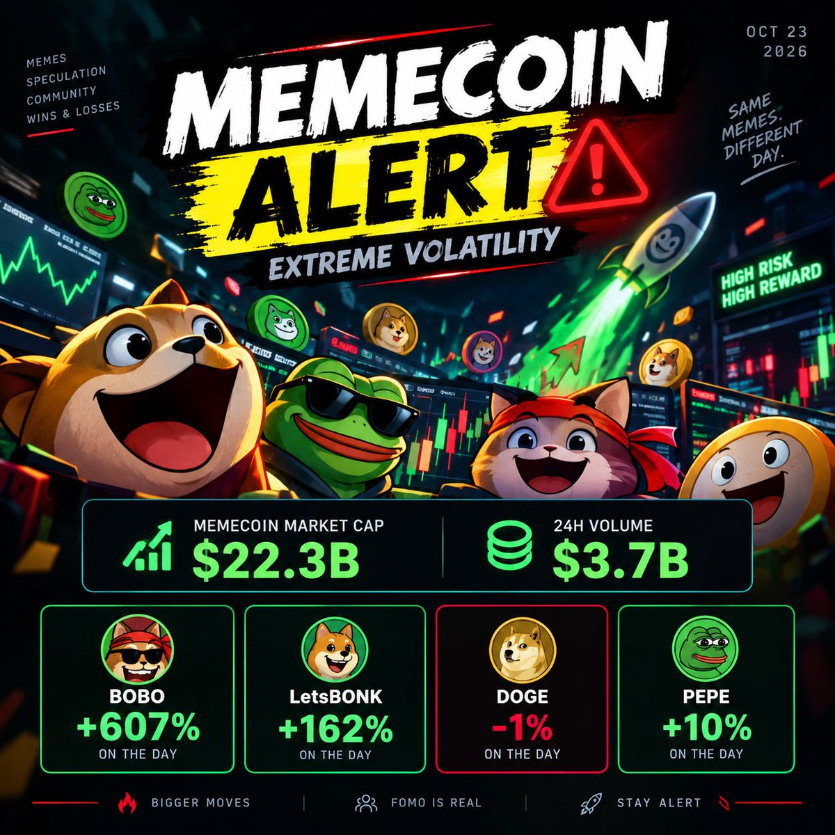 sosanolova's tweet photo. 🚨 MEMECOIN ALERT 🚨

The memecoin market is moving FAST today.

solana:4nV5gNwwP68zUDat26ySChREqVaQaLudfJBkSgEzpump +607%
solana:CDBdbNqmrLu1PcgjrFG52yxg71QnFhBZcUE6PSFdbonk +162%
ethereum:0x6982508145454ce325ddbe47a25d4ec3d2311933 +10%

Meanwhile, the sector is sitting around $22.3B in market cap with $3.7B in 24h volume.

Extreme volatility. Extreme opportunity. Extreme risk. ⚠️

#Crypto #Memecoins #DOGE #PEPE #Solana