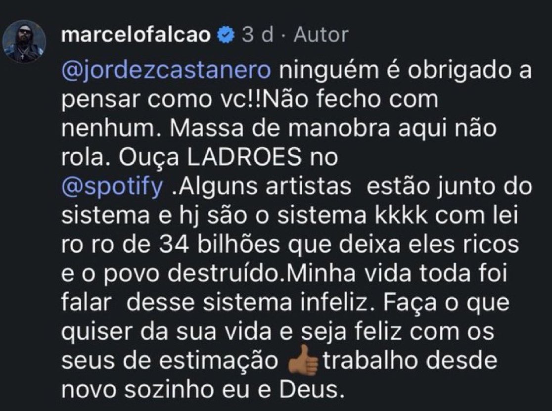 ananguix's tweet photo. Marcelo Falcão criticando os artistas que fazem parte do sistema que a propria esquerda tanto critica. Mas vivem de dinheiro do lei rouanet pra proteger o “sistema” https://t.co/sgaOFLIjqL