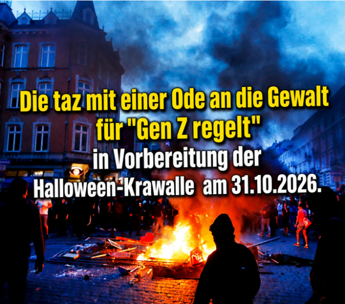 Eckleben's tweet photo. Ausgerechnet die taz veröffentlicht ein begeistertes Bekenntnis zur Gewalt auf der Straße zur Unterstützung von #GenZregelt für Halloween-Randalen am 31.10.2026?
Zitate aus dem Artikel von Amira Klute
"Nicht nur als Protestmittel, auch als Symptom eines gewaltvollen Spätkapitalismus ist Gewalt anzuwenden legitim."
"Mal sehen, ob es wirklich klug ist, sich dazu noch von jeglichem Extremismus abzugrenzen, oder ob dabei nicht viele stabile linksradikale junge Menschen verloren gehen."
Link zum Text in der ersten Antwort =>