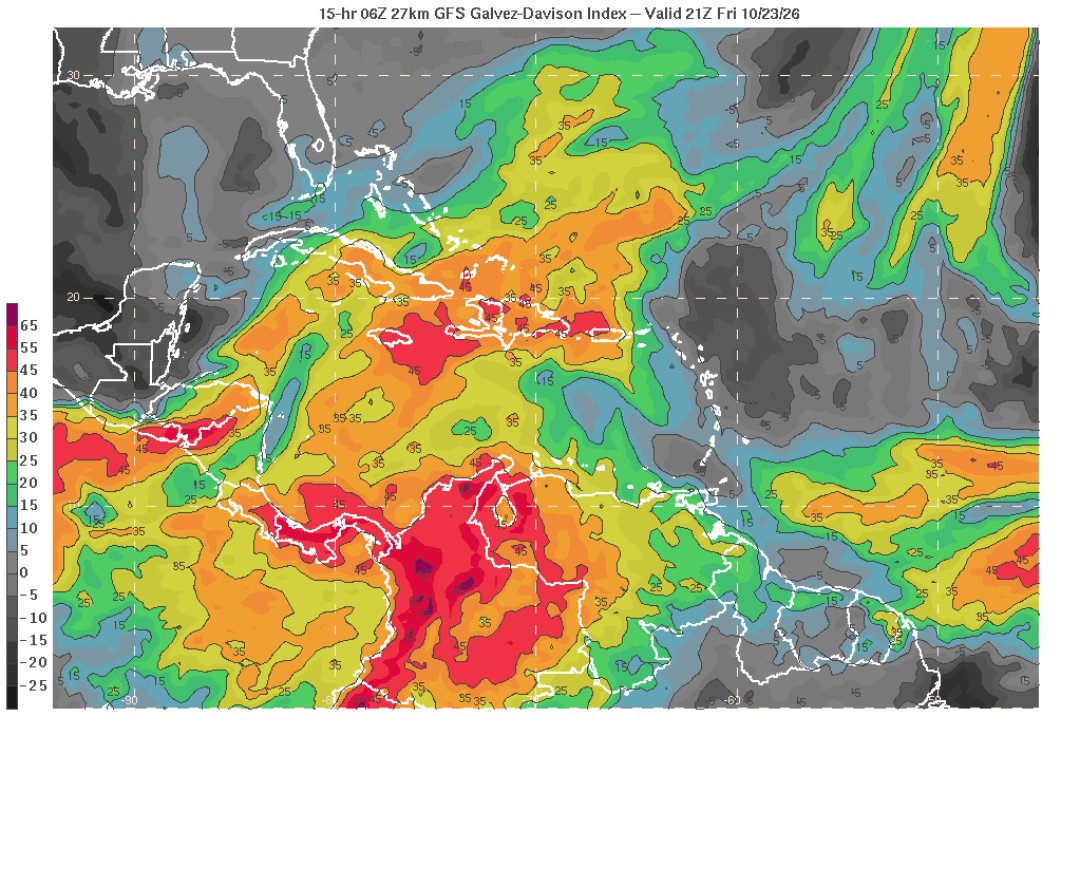 EstebanWXcast's tweet photo. Venezuela, 23OCT26. Dorsal en niveles medios al SE/Caribe, régimen de alta presiones de los alisios, inversión térmica asociada, OLLJ y SAL mantendrán tendencia secante. Pero, convergencia de humedad, calor diurno y ascenso orográfico dejaran lluvias en occidente, Apure y sur. https://t.co/a4Ut1TyNJo